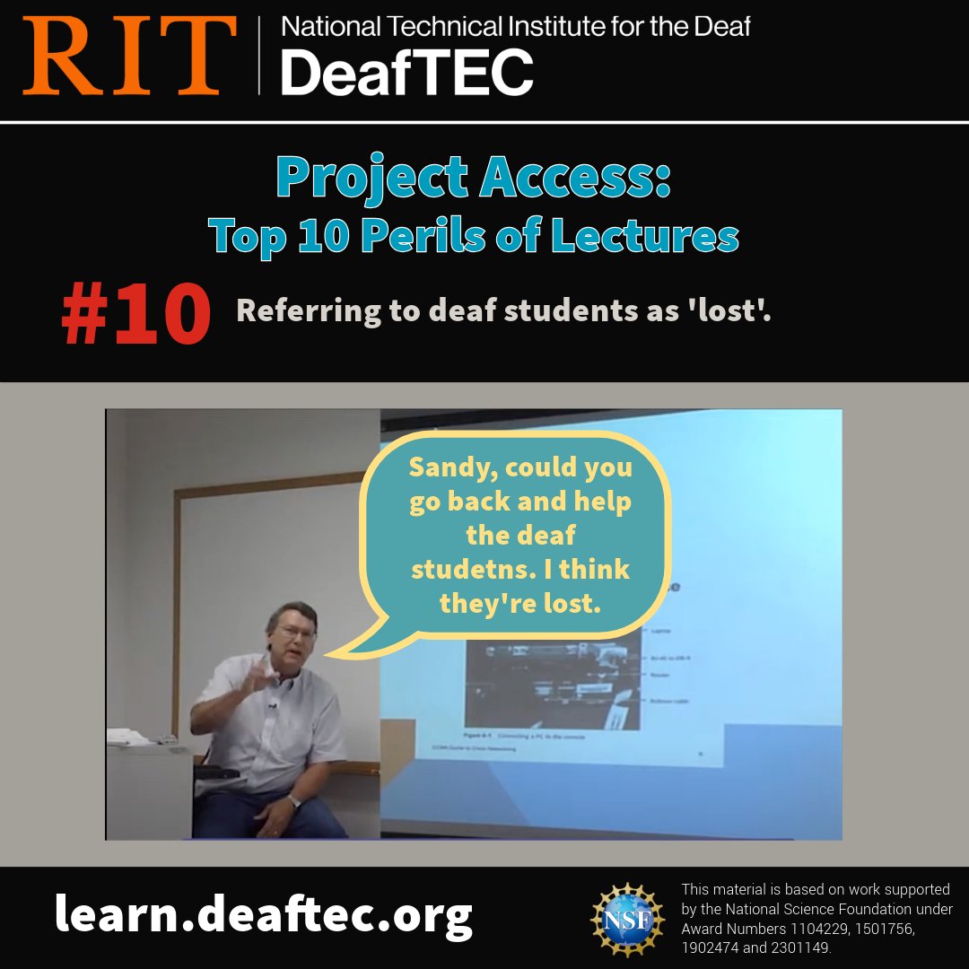 deaf_tec's tweet image. 🎓 DeafTEC | Project Access
❌ #10: Avoid saying Deaf students are ‘lost.’
✔️ Fix: Help by:
🔹 Asking questions
🔹 Repeating key points
🔹 Providing notes
🔹 Pausing for access

🔗 Learn more: learn.deaftec.org
#DeafTEC #ProjectAccess #ClearTeaching