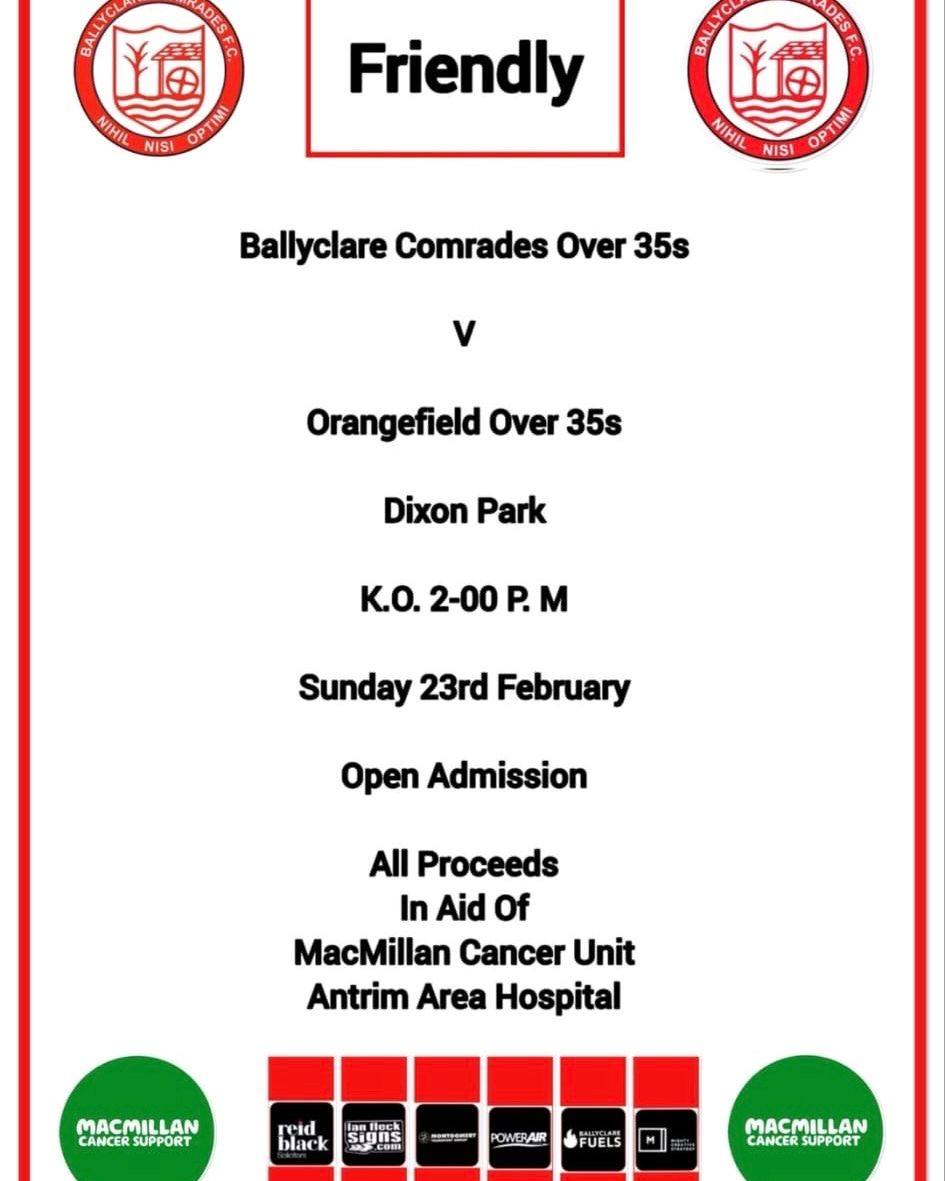 Over 35’s Friendly!

Our over 35’s are hosting a fundraiser match against Orangefield over 35’s.

Kick off next Sunday (23rd Feb) is 2pm at Dixon Park, with all proceeds being donated to the MacMillan Cancer Unit at AAH.

Put it in your diary, and let’s raise a good amount!