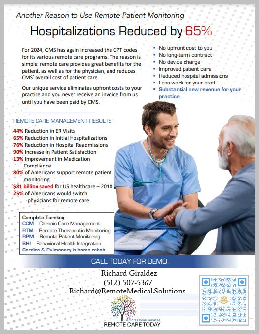RemoteMedical's tweet image. The numbers are impressive: 
- Reduce ER visits, initial hospitalization and hospital readmissions
- Increase medical compliance
- Patient satisfaction
- Longevity 
- Quality of life
LEARN MORE: RemoteMedical.Solutions 
SCHEDULE A MEETING OR CALL: BizMeetUp.Online