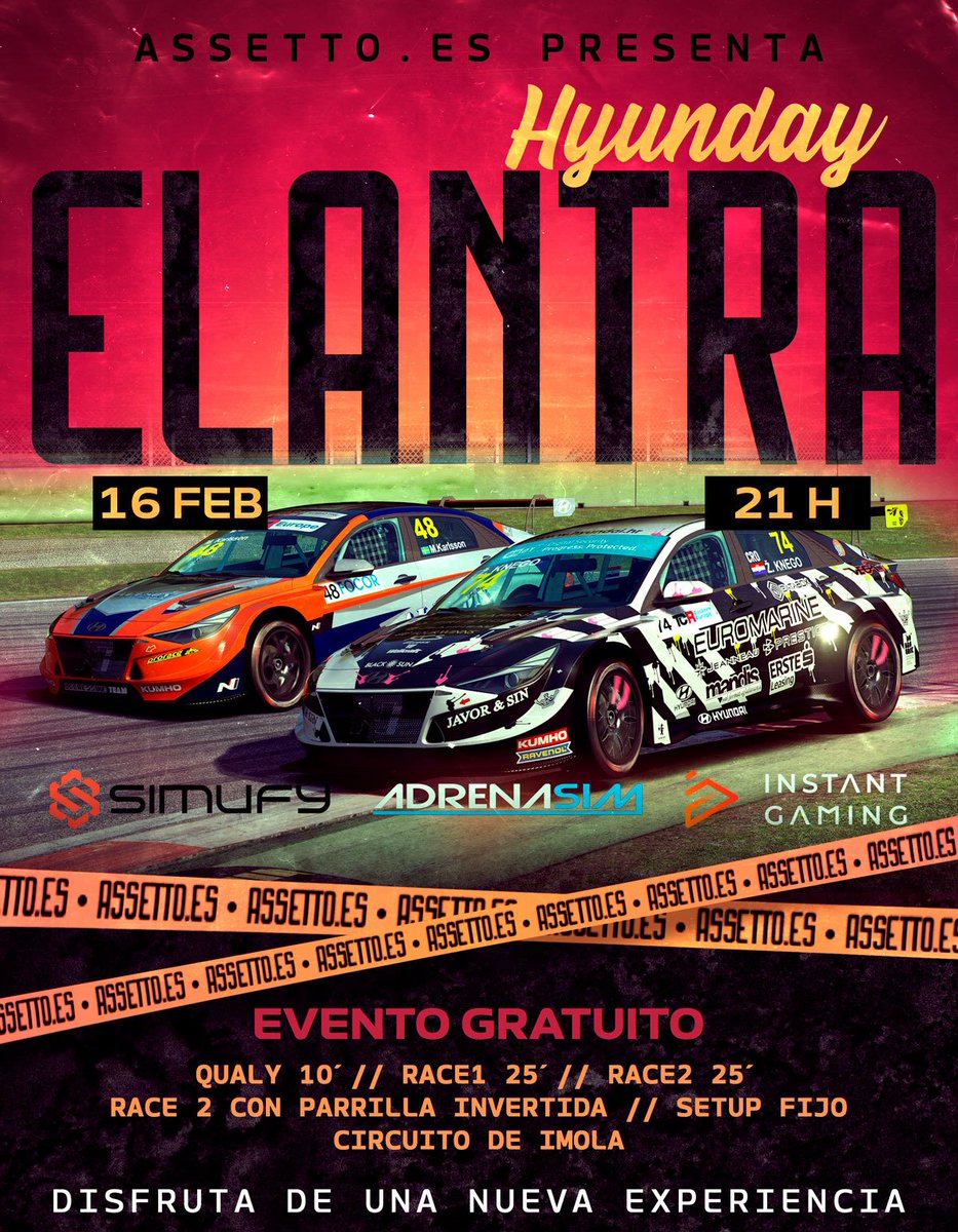 Race day! 

🚨 Hoy tenemos evento gratuito!

📌 <a href="/autodromoimola/">Autodromo di Imola</a> 🇮🇹
🚗 Hyundai Elantra 
⏱️ Qualy 10'
🏁 Race 1, 25'
🏁 Race 2, 25' parrilla invertida

👉🏼 Más info en nuestro discord, assetto.es

Patrocinan <a href="/InstantGamingES/">Instant Gaming</a>
<a href="/simufy/">Simufy</a> <a href="/AdrenaSim/">Carlos Sim</a>