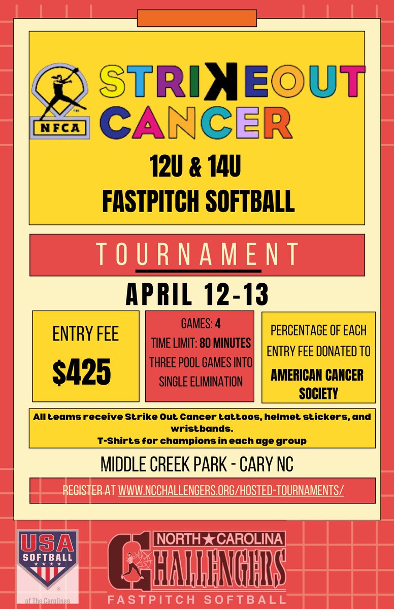 Still taking entries for our event Apr. 12-13 in Cary. Join <a href="/nccpremier16/">NC Challengers Premier Renzi 16U</a> <a href="/NCChallengers/">NC Challengers Premier Renzi 18U</a> as they host with <a href="/USASBCarolinas/">USA Softball of The Carolinas</a> and <a href="/tdoby_USASB/">Tim Doby</a> for this amazing event w/ proceeds going to a great cause. 

Register today at ncchallengers.org or the USA  SB of Carolina’s website!