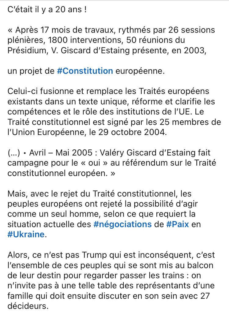 GuysReconsult's tweet image. Faut pas se #moquer du monde mais bien assumer ses choix : on n’a droit de récolte que sur ce qu’on a #semé il y a 20 ans !

Suite à l’exclusion humiliante par les USA des négociations de Paix en Ukraine, faut-il remettre au vote le réaliste texte #initial de VGE, si équilibré ?