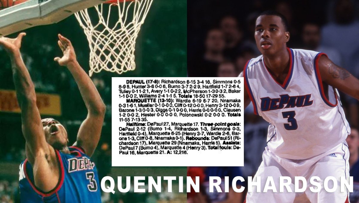 Thad Dohrn (@thaddohrn) on Twitter photo Feb. 16, 2000
Defense was the key in DePaul’s 55-35 road win over Marquette. MU’s 35 pts are the least points allowed by DPU in the shot-clock era. Quentin Richardson led the Blue Demons with 16 pts, dominating the glass with 17 boards. DPU outrebounded Marq. 51-29. <a href="/QRich/">Quentin Richardson</a> Feb. 16, 2000
Defense was the key in DePaul’s 55-35 road win over Marquette. MU’s 35 pts are the least points allowed by DPU in the shot-clock era. Quentin Richardson led the Blue Demons with 16 pts, dominating the glass with 17 boards. DPU outrebounded Marq. 51-29. <a href="/QRich/">Quentin Richardson</a>