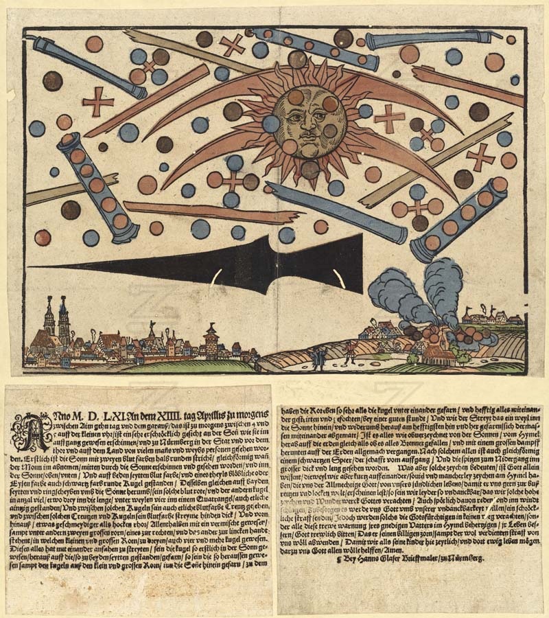 Residents of Nuremberg witnessed what was described as an aerial battle involving cylindrical objects that released smaller spheres, crosses, and rods of various colors, red, black, orange, and blue.

According to reports, objects appeared to be engaged in a violent