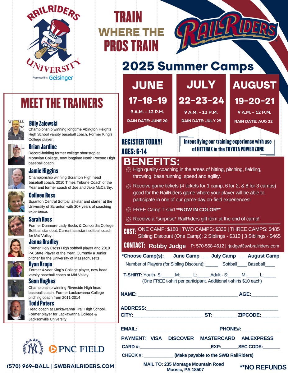 RailRidersU's tweet photo. ⚾️🥎 NEW: 2025 RailRiders University Summer Camp T-shirts now in COLOR!

Thanks to @GeisingerHealth, sign up your future RailRider ages 6-14 for a THREE-DAY training camp with tons of FUN! 💪 Place a $50 deposit to lock in your child’s spot. https://t.co/eXTWObsSS6