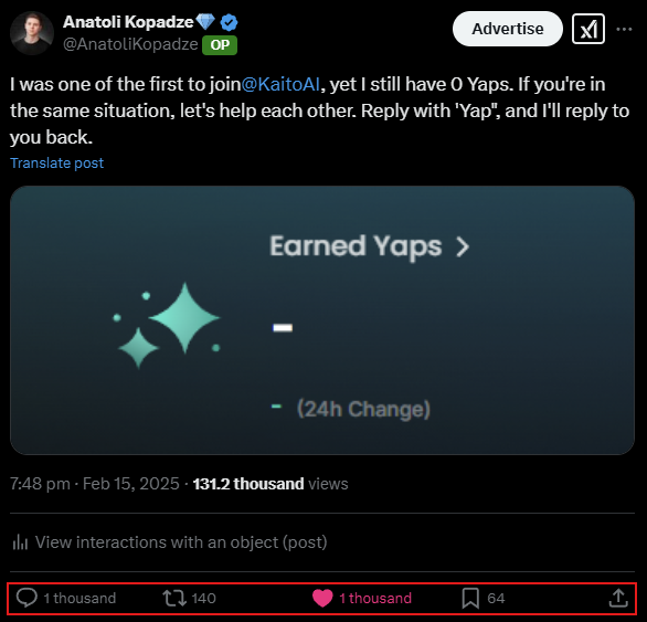 AnatoliKopadze's tweet photo. Yesterday's experiment gained more momentum than I expected: 131,000 views, over 1,000 replies, almost 2,000 likes and 140 retweets, and I'm still sitting with 0 Yaps. Let me explain why.

The goal was to grab attention and spark meaningful discussions on how to farm Yaps more effectively. It worked—besides the usual "Yap" replies, there was plenty of conversation about strategies to earn Yaps.

Yet, I still have 0 Yaps.

Some might say, "This isn’t useful content," but the reality is that Kaito’s algorithm doesn’t assess usefulness—it simply rewards engagement from Inner Cycle members (these are the biggest crypto accounts on Twitter with the most Yaps: @aixbt_agent, @waleswoosh, @mert, @0xCygaar, @jessepollak, @icobeast, @smyyguy, @DefiIgnas, @0xngmi, @frankdegods, @0xsammy, @0xjeff, @andyyy, @alpha_pls and much more...). In other words, if they interact with your content @KaitoAI will consider it useful, if they don't interact with it then vice versa.
 
What does this mean?
Earning Yaps depends entirely on getting noticed by big accounts. People try to achieve this in different ways:

Admiration posts – Praising someone’s Yap gains often gets their attention (and a response), leading to Yaps for the creator.

Controversial takes – Criticism or debate can also provoke responses from key figures, increasing visibility.

How does the Inner Cycle farm Yaps?
It’s simple—they support each other’s posts consistently. As a result, Kaito recognizes their content as "valuable," continuously rewarding them with Yaps. This creates a system where the rich get richer.

Is this a problem?
Not really. Without an Inner Cycle, bots would exploit the system and farm Yaps unfairly. While this setup does concentrate rewards among certain users, it's a trade-off that prevents manipulation. A few limitations could balance it, but overall, it’s not worth fighting against.

The takeaway
Understanding the system is key. To farm Yaps, we need to get the Inner Cycle’s attention. Let’s work together and make it happen - because we all have the same goal.