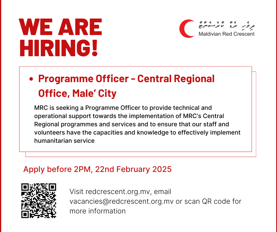 📢 Vacancy Announcement! 

🔴Programme Officer, Central Regional Office <a href="/mrc_mcu/">MRC Male' City</a> - bit.ly/4hY9CXu

Apply before 2PM, 11th January 2025!

For more info email vacancies@redcrescent.org.mv