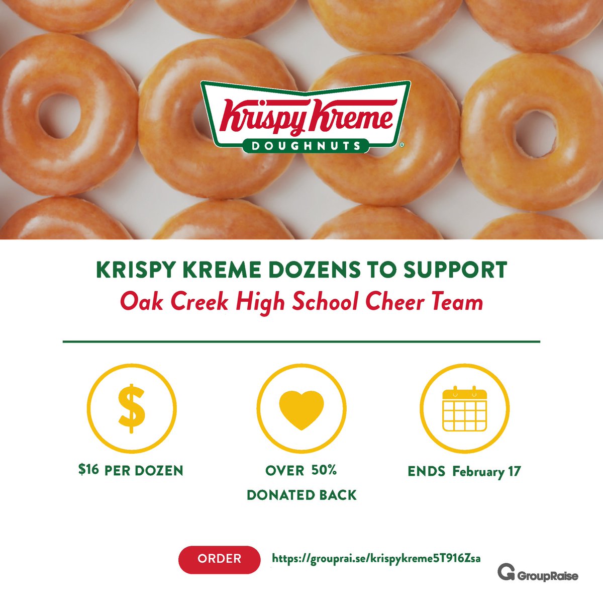 Oak Creek High School Varsity Cheer (@cheer_oc) on Twitter photo Today is the LAST day of our Digital Dozens fundraising campaign - the perfect excuse to treat yourself or someone you love to yummy doughnuts! 😱 50% of orders will be donated back to OCC. Purchase yours here: grouprai.se/krispykreme5T9… <a href="/Athletics_OCHS/">Knights Athletics</a> Today is the LAST day of our Digital Dozens fundraising campaign - the perfect excuse to treat yourself or someone you love to yummy doughnuts! 😱 50% of orders will be donated back to OCC. Purchase yours here: grouprai.se/krispykreme5T9… <a href="/Athletics_OCHS/">Knights Athletics</a>