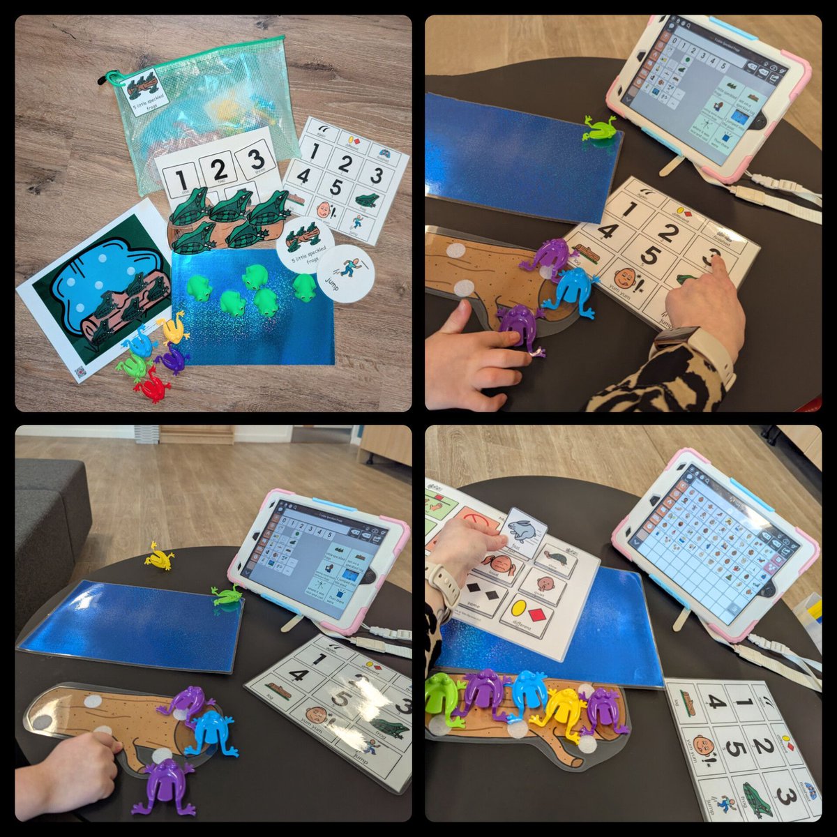 Printed resources, objects &amp; AAC to sing 5 Little Frogs. The student wanted to use the little plastic jumping frogs, as an added bonus he worked on his fine motor skills to make them jump in the pool. With symbols &amp; device he instructed me to sing at different volumes and speeds.
