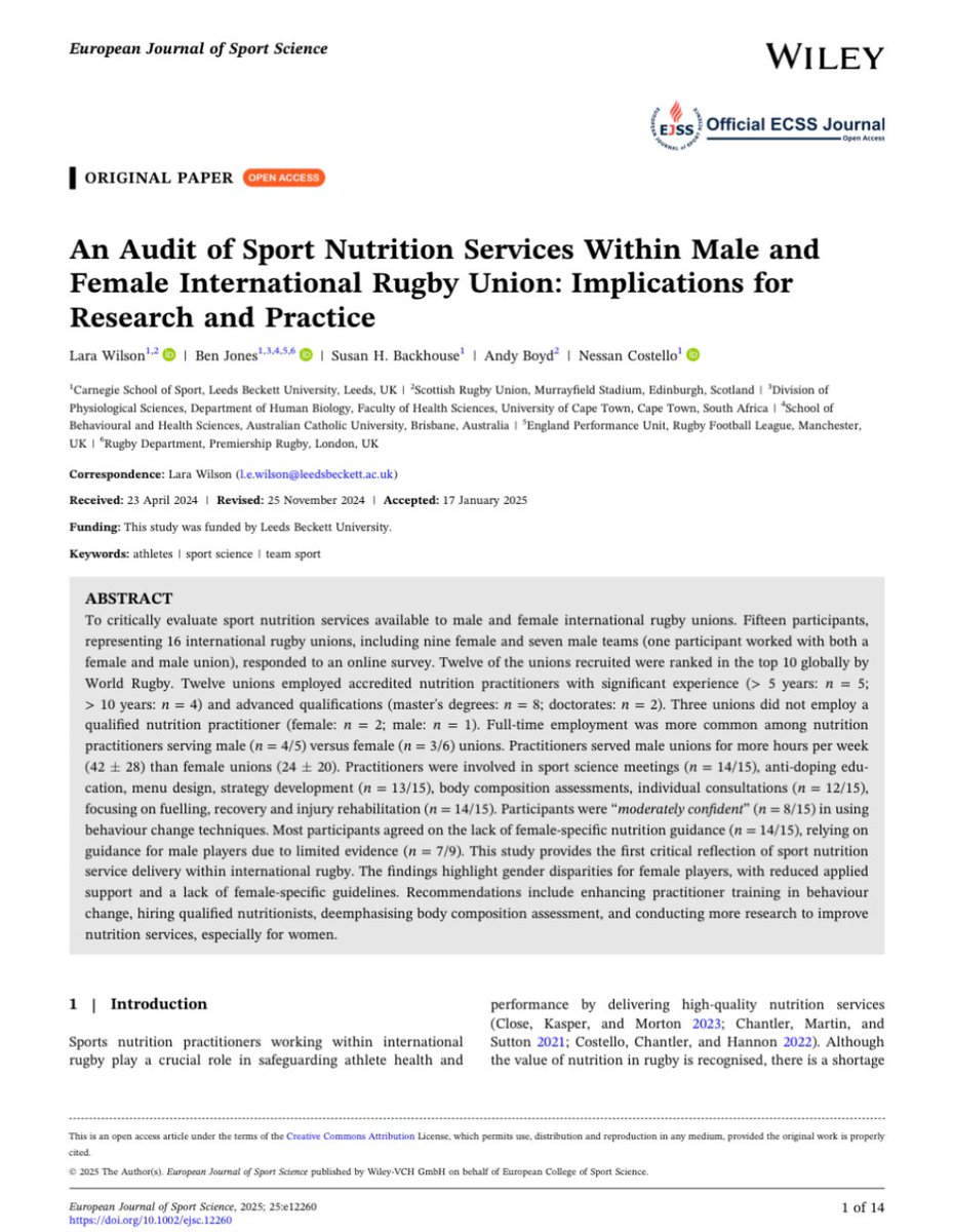 Lara Wilson (@laraewilson22) on Twitter photo Very pleased to have a second study from my PhD published in <a href="/EurJSportSci/">Euro J Sport Science</a>
Hopefully an important step in the advancement of applied nutrition services available to international rugby union players.
Thanks to all involved
📄 onlinelibrary.wiley.com/doi/10.1002/ej… Very pleased to have a second study from my PhD published in <a href="/EurJSportSci/">Euro J Sport Science</a>
Hopefully an important step in the advancement of applied nutrition services available to international rugby union players.
Thanks to all involved
📄 onlinelibrary.wiley.com/doi/10.1002/ej…