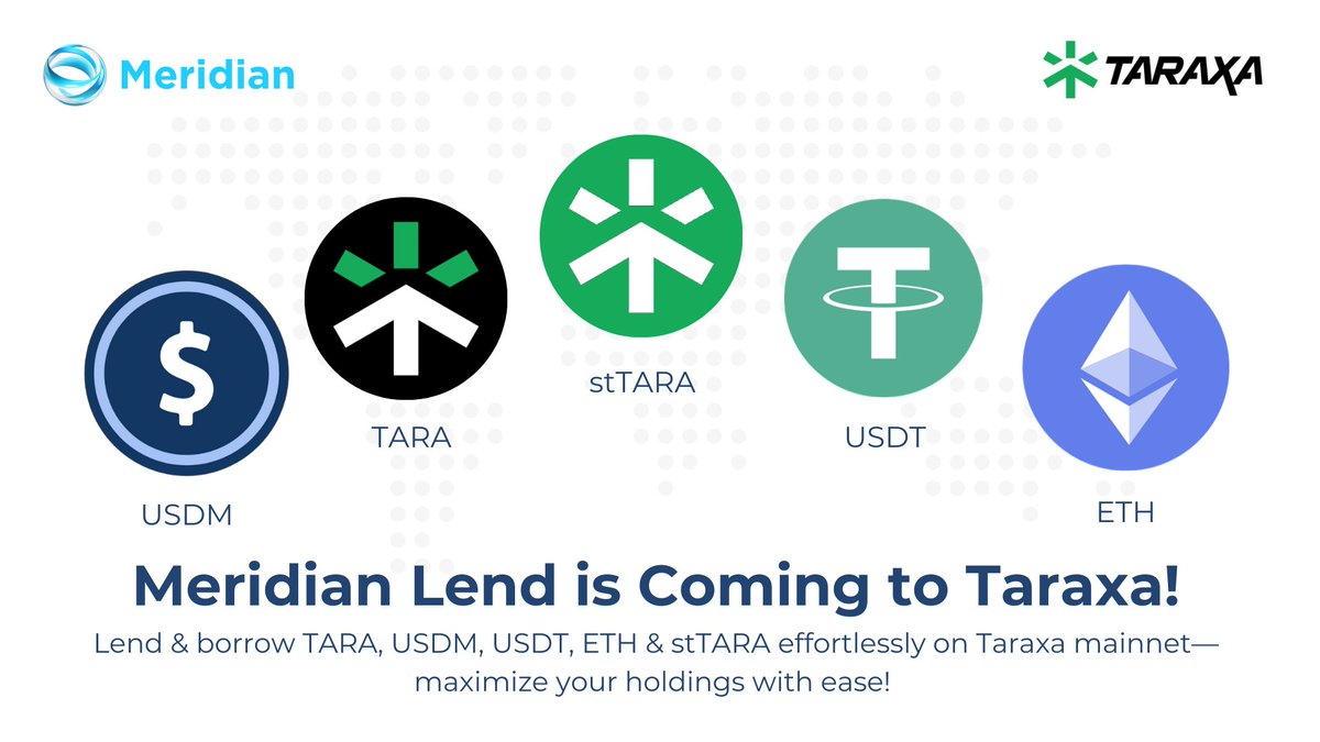 Meridian is thrilled to announce the launch of Meridian Lend on <a href="/taraxa_project/">Taraxa</a> mainnet, going live tomorrow, February 17th!

Users will be able to lend and borrow across a range of supported assets on Taraxa: $USDM, $TARA, $ETH, $USDT, and <a href="/LaraProtocol/">LaraProtocol</a> $stTARA.

This launch