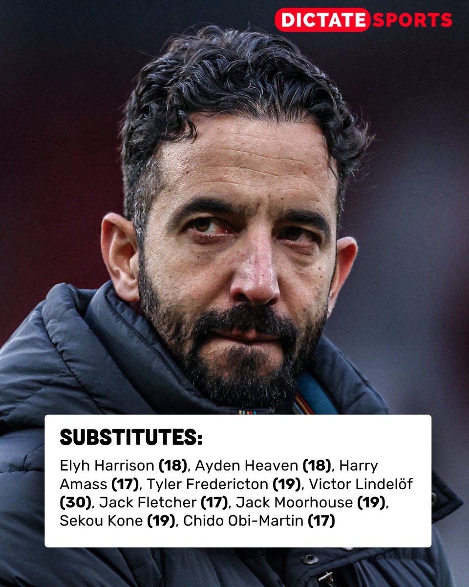 dictatesport's tweet photo. Man United’s bench 🆚 Tottenham this evening 

Ruben Amorim has been forced to include 𝗘𝗜𝗚𝗛𝗧 teenagers of his possible 𝗡𝗜𝗡𝗘 subs due to numerous injuries and illness ❌

🤕 Kobbie Mainoo, Manuel Ugarte, Toby Collyer, Amad Diallo
🤧 Leny Yoro &amp; Christian Eriksen https://t.co/SM9piqzwXV