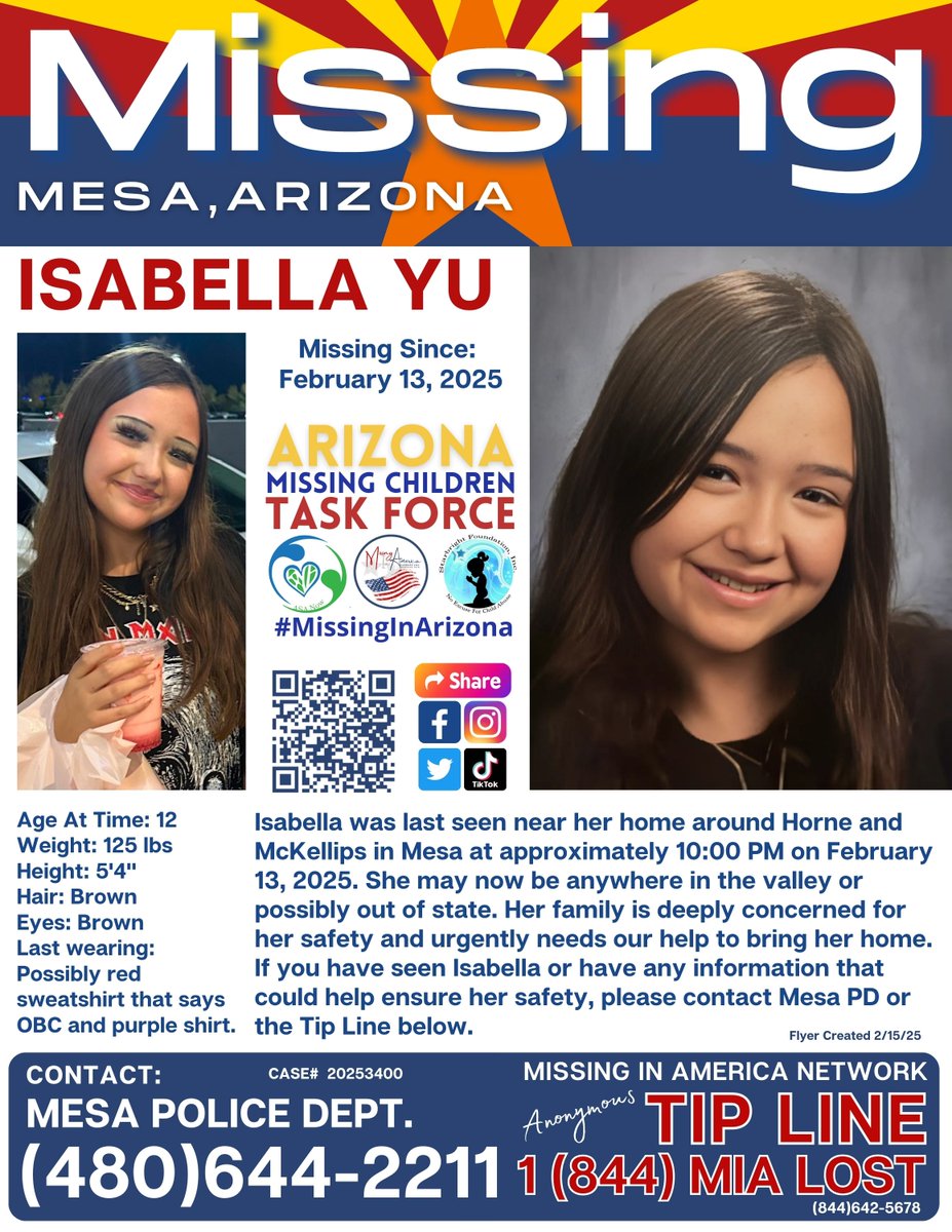 Isabella Yu (12) 🚨 MISSING 🚨 from Mesa, Arizona since 2/13/25.
Isabella could be anywhere in the Phoenix valley or even have left the state so we need everyone, everywhere to be on the look out.
Police are investigating circumstances and her family is deeply concerned for her