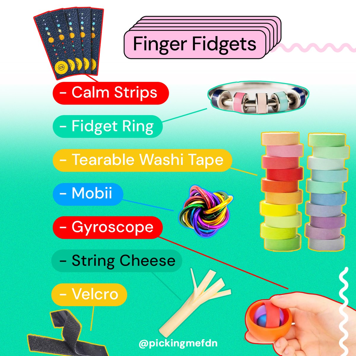 PickingMeFdn's tweet image. Looking to get your fingers busy and keep picking urges at bay? Try out these handheld-sized finger #fidgets! There so many tools to help calm restless fingers, which ones have you tried?