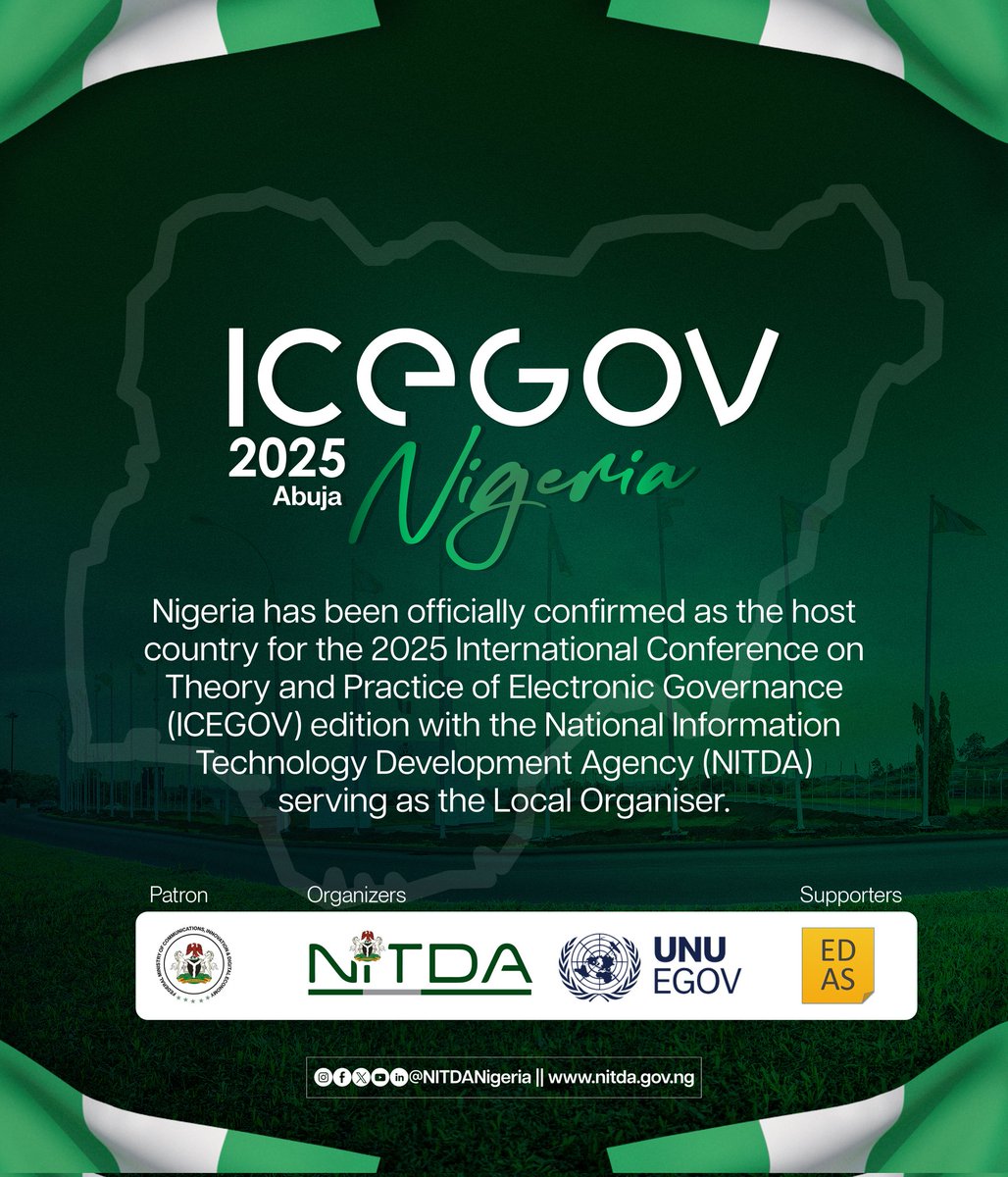 NITDANigeria's tweet photo. Nigeria to Host ICEGOV 2025 with NITDA as Local Organiser

Read the full story: https://t.co/214HdVzNcP https://t.co/Q3m8a3XmhJ