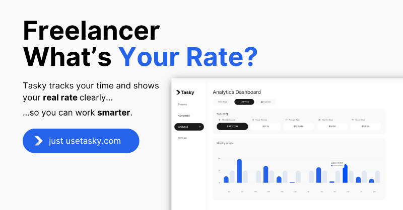 feedor24's tweet photo. Freelancer, are you undercharging?

Tasky calculates your real hourly rate—see your earnings grow and stay motivated with real progress.

Just https://t.co/NEOkpYezbq
