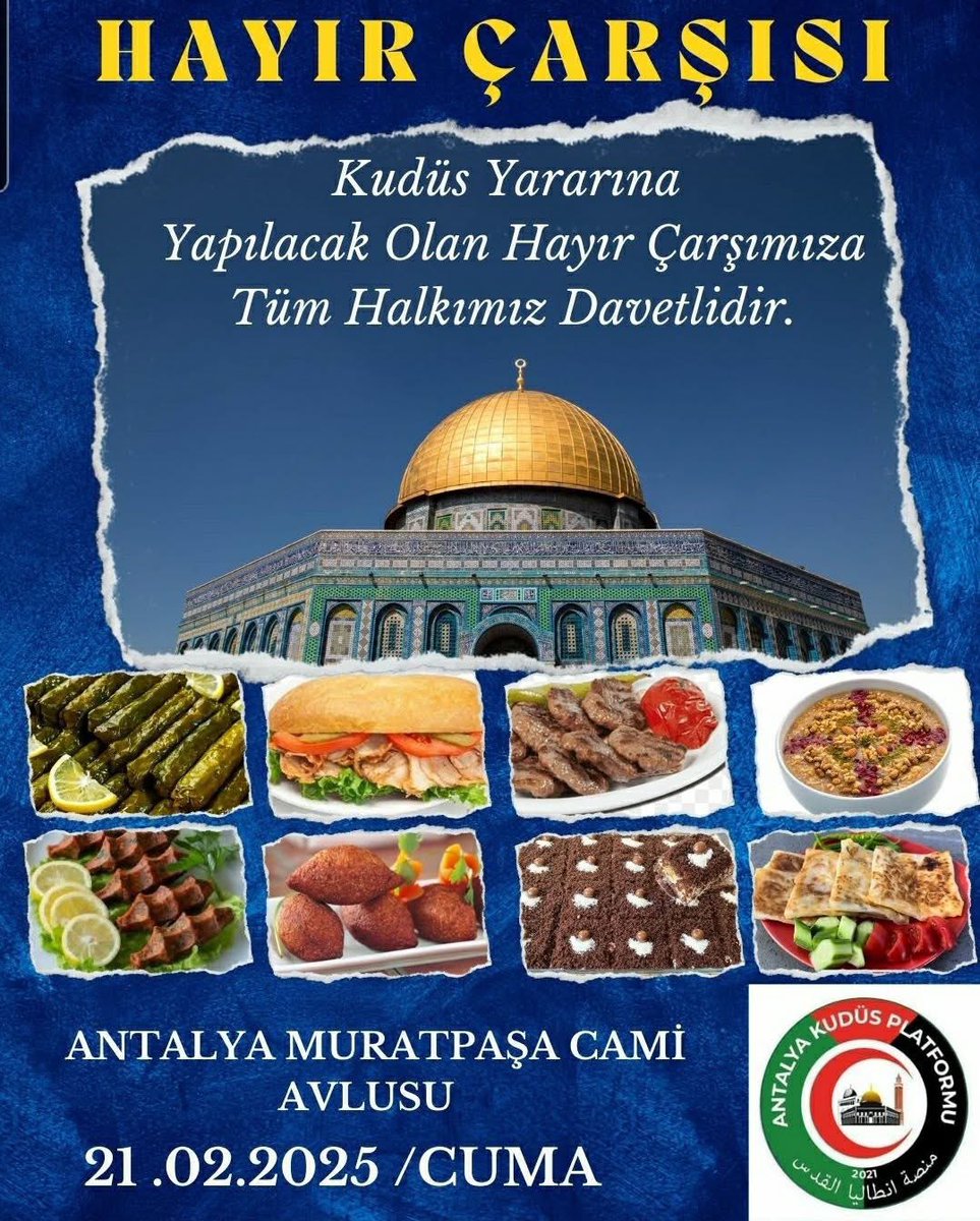 21 Şubat Cuma günü Antalya Kudüs Platformu'nun Kudüs yararına düzenlediği kermese tüm Kudüs sevdalılarını bekliyoruz.