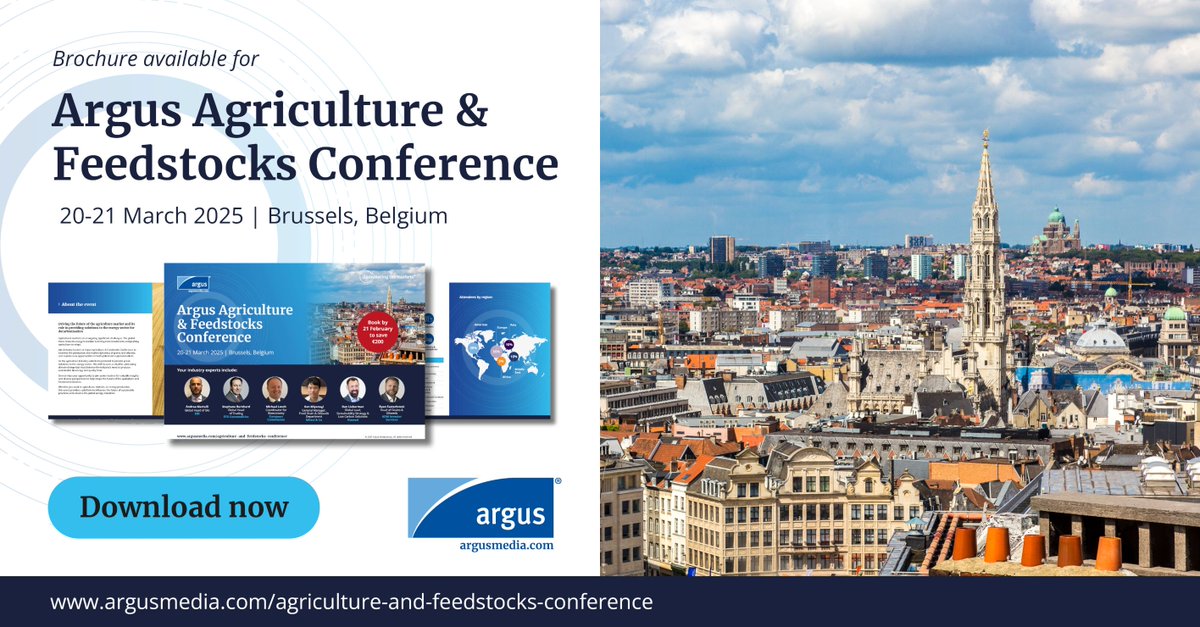 ArgusMedia's tweet photo. Your brochure for next month’s 𝗔𝗿𝗴𝘂𝘀 𝗔𝗴𝗿𝗶𝗰𝘂𝗹𝘁𝘂𝗿𝗲 & 𝗙𝗲𝗲𝗱𝘀𝘁𝗼𝗰𝗸𝘀 𝗖𝗼𝗻𝗳𝗲𝗿𝗲𝗻𝗰𝗲 in Brussels, Belgium on 𝟮𝟬-𝟮𝟭 𝗠𝗮𝗿𝗰𝗵 𝟮𝟬𝟮𝟱, is ready to download. Request your copy here: https://t.co/OUGbCImlIM #GrainConference #ArgusGrainConference https://t.co/MTeksk6YS6