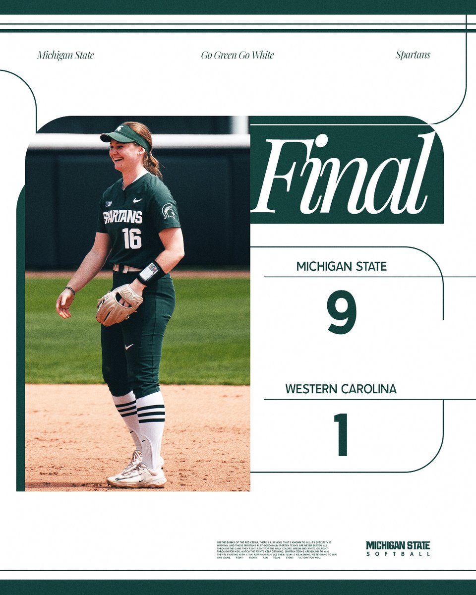FINAL | Michigan State 9 - Western Carolina 1

Picked up the run rule in the sixth with a six run inning! Britain Beshears ends it on a RBI single to right center

Another strong outing for Jacey Schuler in the circle allowing three hits and one earned run in a complete game!