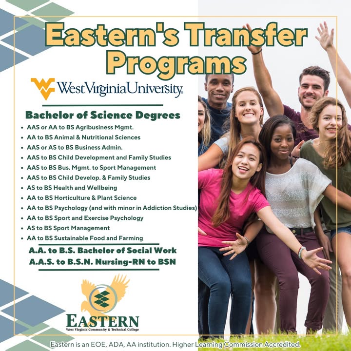 ewvctc's tweet image. Transfer your academic journey from #EasternWV to WVU. Explore a wide range of bachelor of science programs including Agribusiness Mgmt, Business Admin, Child Development, and more! Learn more at: easternwv.edu/academics/tran… 
#DiscoverEWV #TransferPrograms #HigherEducation