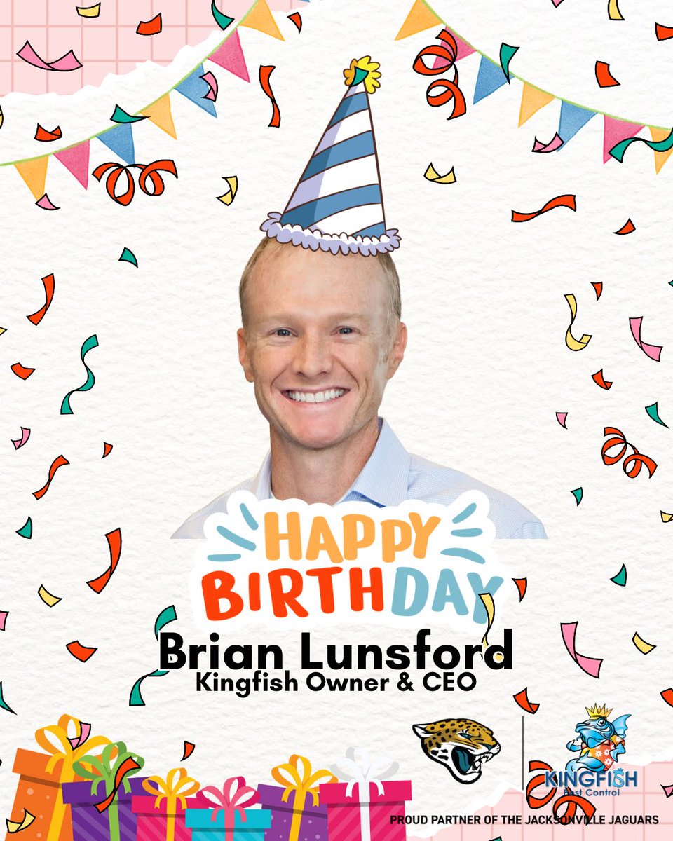 KingfishPest's tweet photo. Happiest Birthday to Brian Lunsford, Kingfish Pest Control owner and CEO. 

Kingfish Pest Control is a Proud Partner of the Jacksonville Jaguars 🐆 https://t.co/vkyDT1d2qw