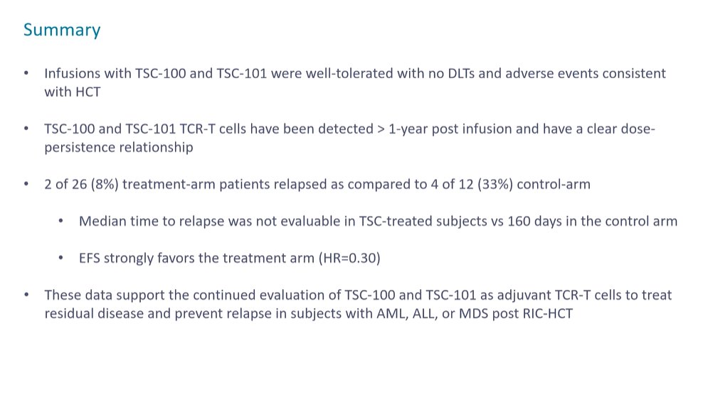 ALL Hub (@all_hub_) on Twitter photo CONGRESS | #Tandem25
<a href="/DrMonzrAlMalki/">Monzr M. AlMalki, MD</a>, <a href="/cityofhope/">City of Hope</a> presented results from the phase I Alloha trial of TSC-100 & TSC-101 in #AML, #ALL and #MDS post allo-HCT. Infusions were well tolerated with no DLTs. 8% of TSC treated pts relapsed vs 33% in the control arm. CONGRESS | #Tandem25
<a href="/DrMonzrAlMalki/">Monzr M. AlMalki, MD</a>, <a href="/cityofhope/">City of Hope</a> presented results from the phase I Alloha trial of TSC-100 & TSC-101 in #AML, #ALL and #MDS post allo-HCT. Infusions were well tolerated with no DLTs. 8% of TSC treated pts relapsed vs 33% in the control arm.