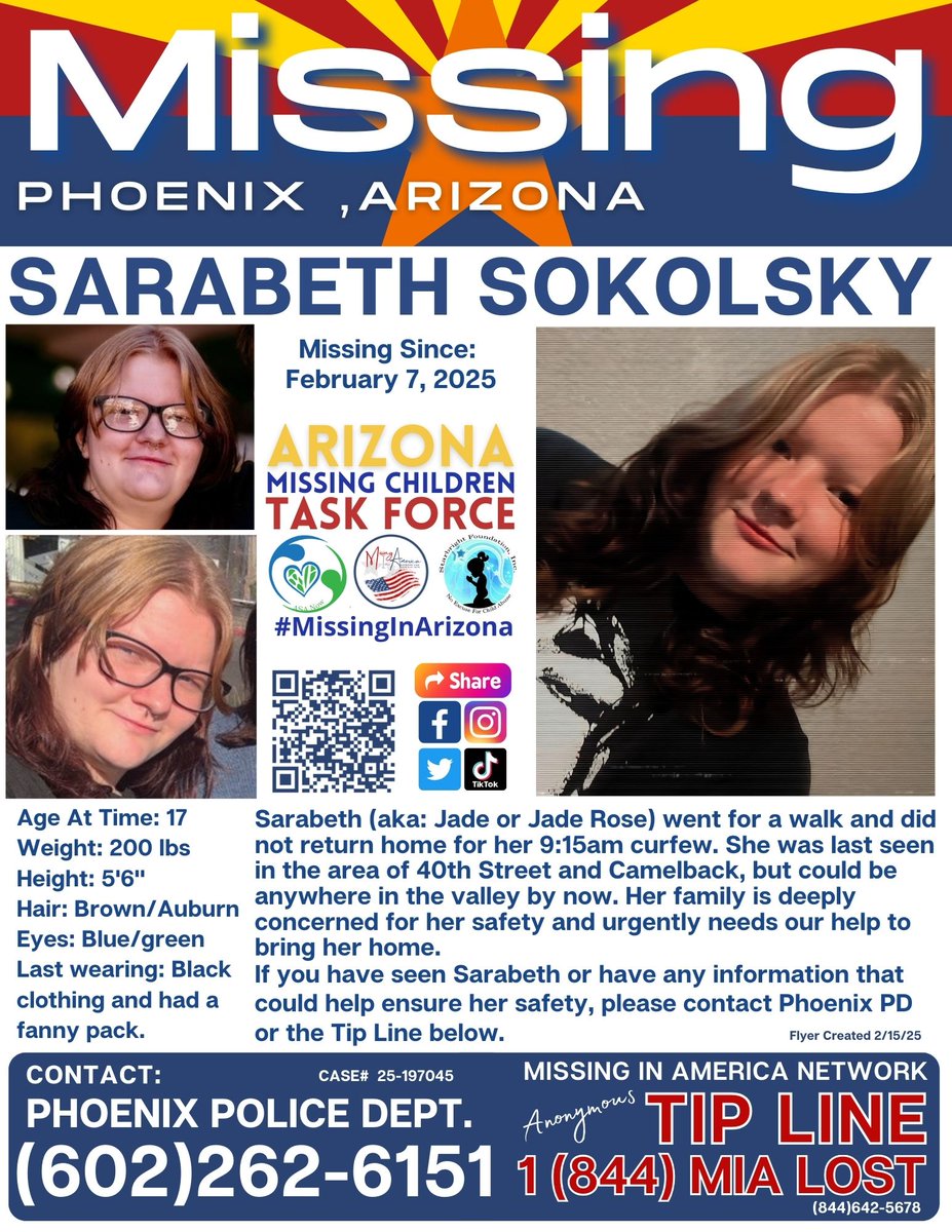 Sarabeth Sokolsky (17) is MISSING from Phoenix, Arizona since 2/7/25.

Her family is concerned for her safety and needs our help to locate her. Please share her poster and keep an eye out as you travel through the Phoenix valley.

#MissingInAmericaNetwork 🇺🇸 #MissingInArizona