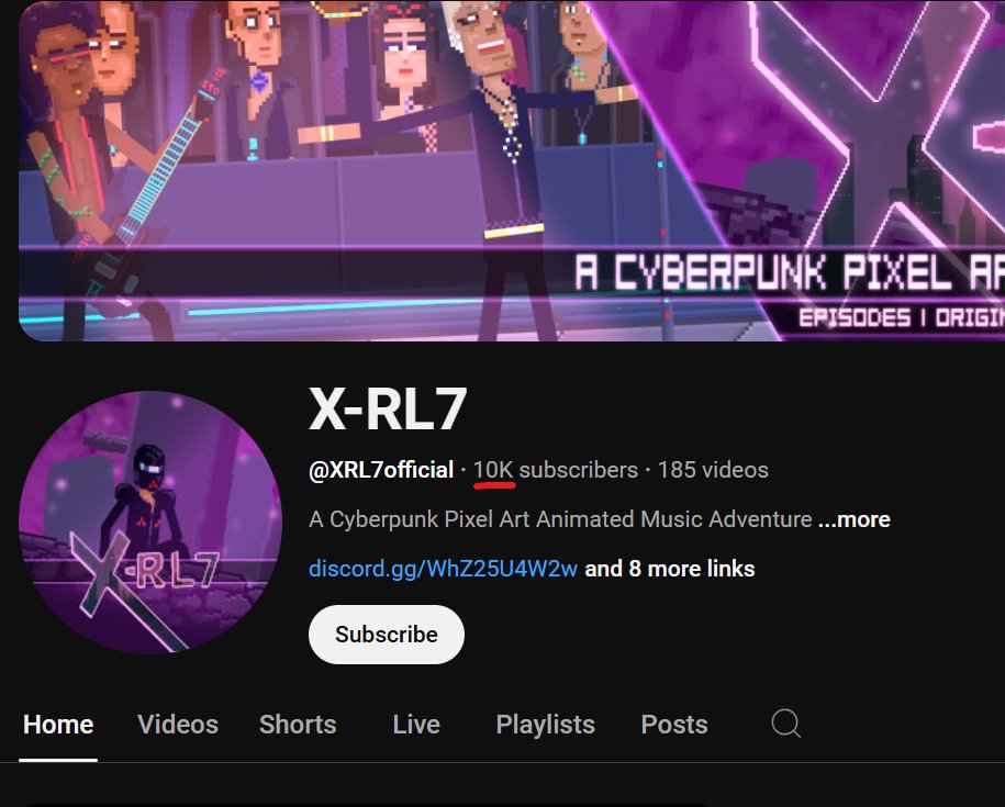 XRL7official's tweet image. Milestone Alert! We've reached 10,000 Subscribers on Youtube - A big heartfelt thankyou to everyone who has joined us on our musical pixelated journey! Much love!
youtube.com/xrl7official
#pixelart #cyberpunk #webseries