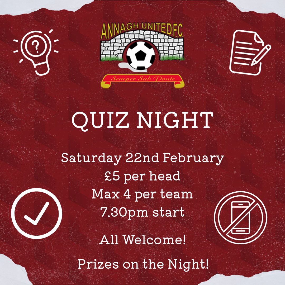 𝗤𝗨𝗜𝗭 𝗡𝗜𝗚𝗛𝗧 📝

Our annual quiz will be hosted on Saturday 22nd February, after our league game vs Limavady.

Get your teams together and thinking caps on. 🤔

Everybody welcome 👨‍👨‍👧‍👦

🔴⚪⚽