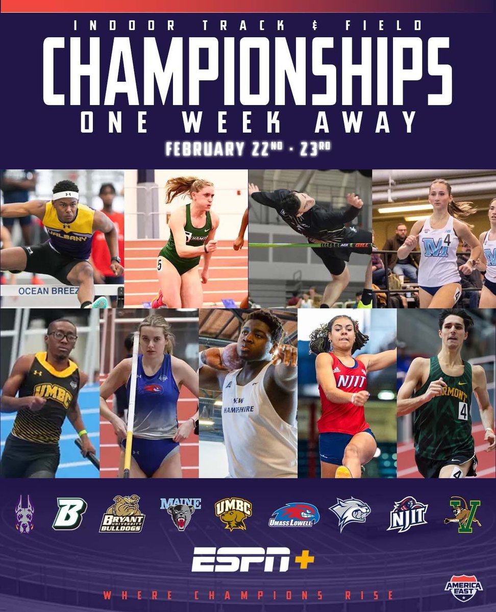 A week from today we will be crowing our 2025 Men’s and Women’s Indoor Track &amp; Field Champions 🏆

The 2 day Championship meet will begin on Saturday, Feb. 22 at Boston University’s Indoor Track.

📺Live on ESPN+

#AETF