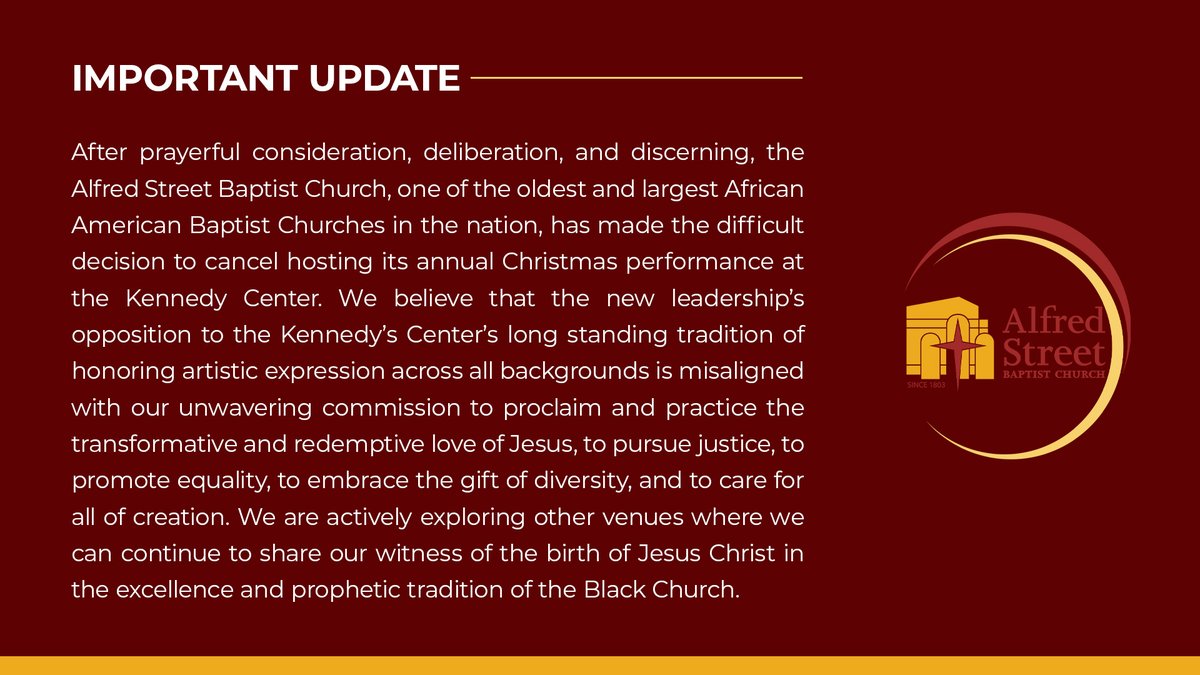 ASBC Fam, important information regarding change in Christmas Performance Venue at The Kennedy Center.