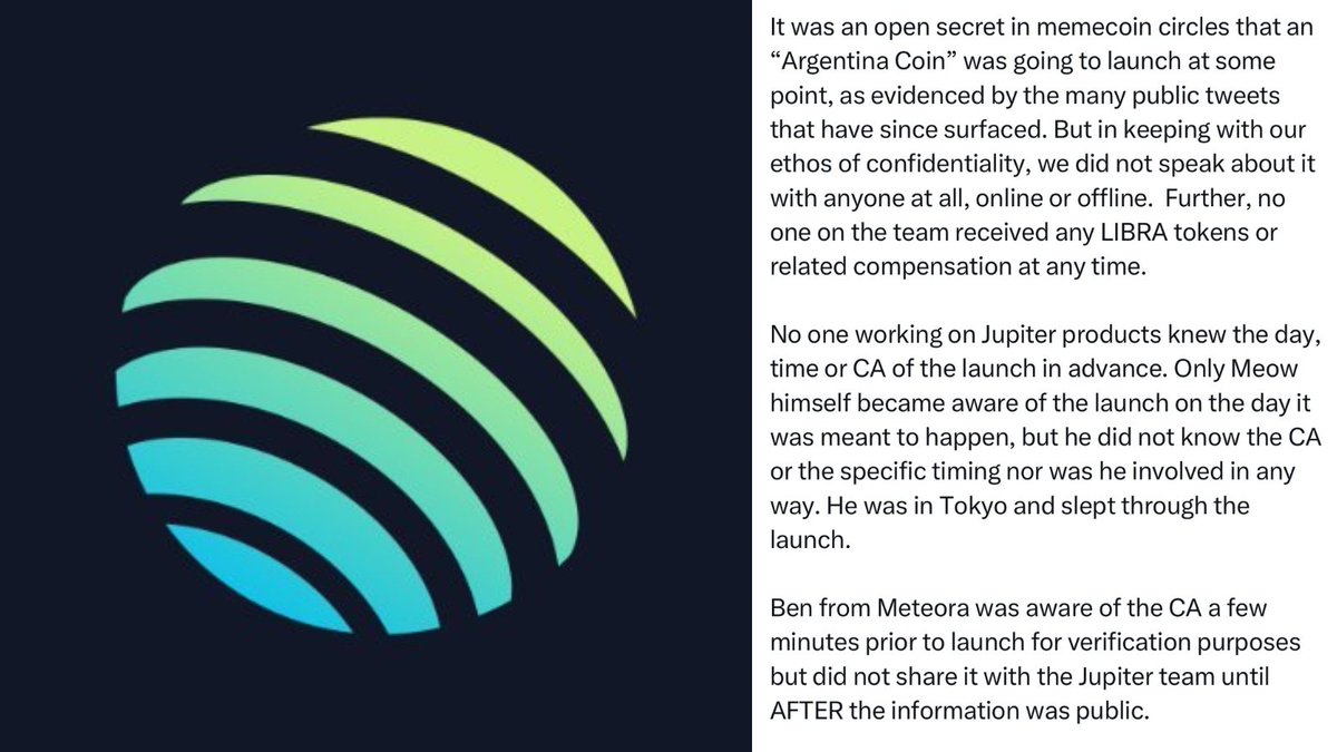 DegenerateNews's tweet photo. BREAKING: @JupiterExchange SAYS THAT A FEW OF ITS MEMBERS LEARNED THERE WOULD BE, AT SOME POINT, A TOKEN PROJECT ASSOCIATED WITH @JMilei ~2 WEEKS AGO DIRECTLY FROM @KelsierVentures - “NO ONE WORKING ON JUPITER PRODUCTS KNEW THE DAY, TIME OR CA OF THE LAUNCH IN ADVANCE” https://t.co/ETNEjSRLAX