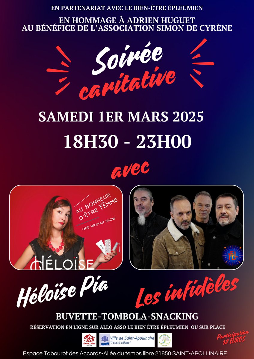 Je vous signale la soirée-hommage à Adrien Huguet, au profit de l'association Simon de Cyrène, qui se déroulera le 1er mars à Saint-Apollinaire.
<a href="/sdecyrene/">Simon de Cyrène</a>