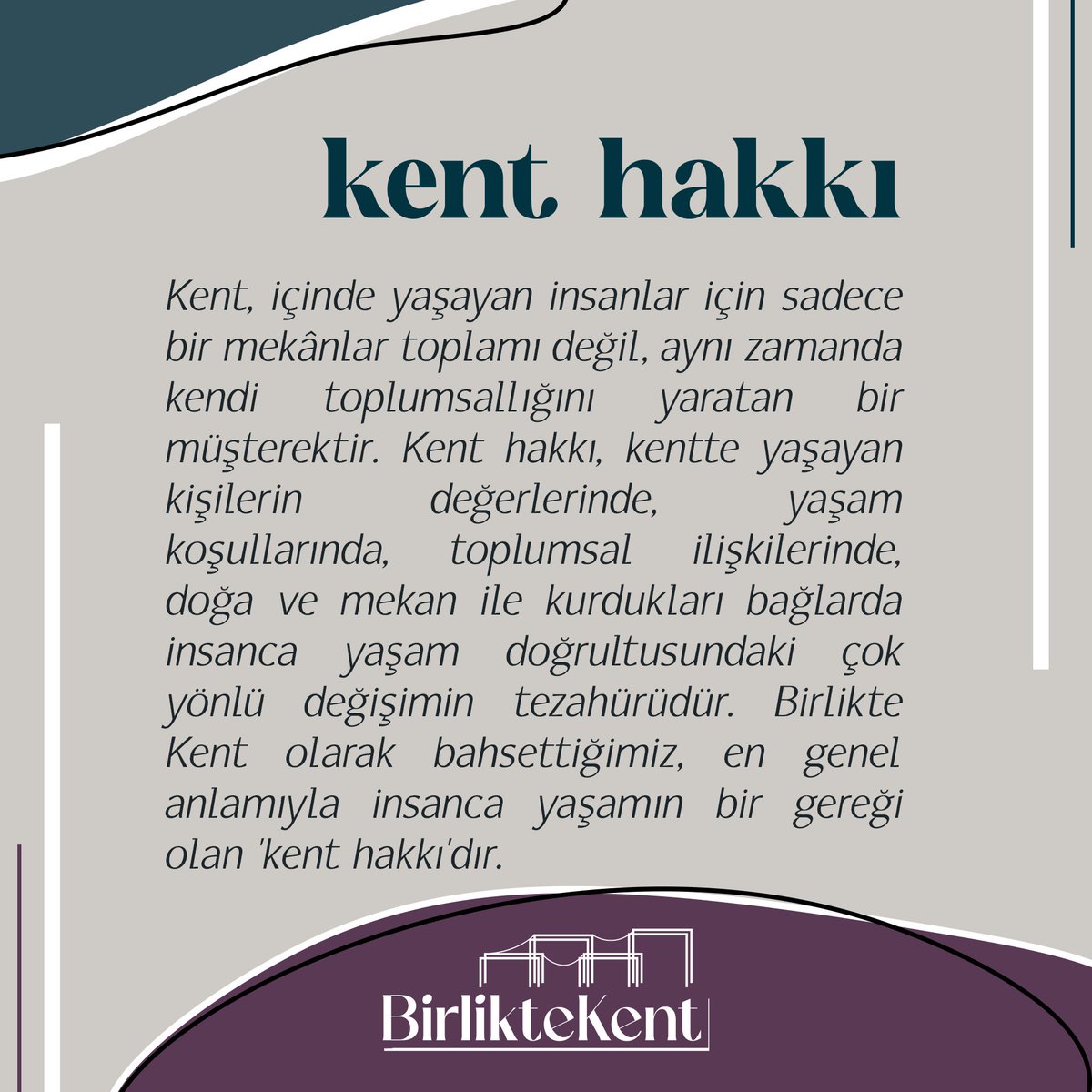 kentbirlikte's tweet photo. Kent, içinde yaşayan insanlar için sadece bir mekânlar toplamı değil, aynı zamanda kendi toplumsallığını yaratan bir müşterektir. Birlikte Kent olarak bahsettiğimiz, en genel anlamıyla insanca yaşamın bir gereği olan 'kent hakkı'dır.

#kenthakkı #birliktekent https://t.co/4biT5IU3c5