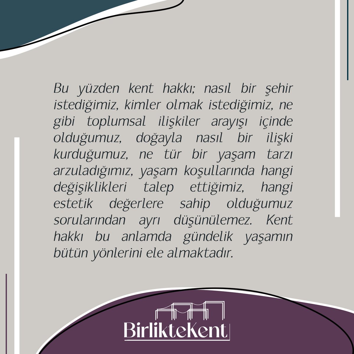 kentbirlikte's tweet photo. Kent, içinde yaşayan insanlar için sadece bir mekânlar toplamı değil, aynı zamanda kendi toplumsallığını yaratan bir müşterektir. Birlikte Kent olarak bahsettiğimiz, en genel anlamıyla insanca yaşamın bir gereği olan 'kent hakkı'dır.

#kenthakkı #birliktekent https://t.co/4biT5IU3c5