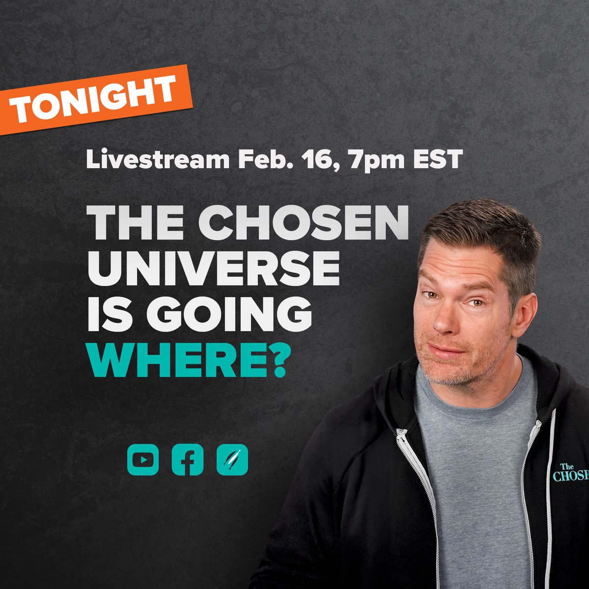 thechosentv's tweet photo. Dallas is answering all of your Season 5 questions, and then some. Join us for a super important livestream tonight at 7 PM ET. https://t.co/jFpPQr6dCi