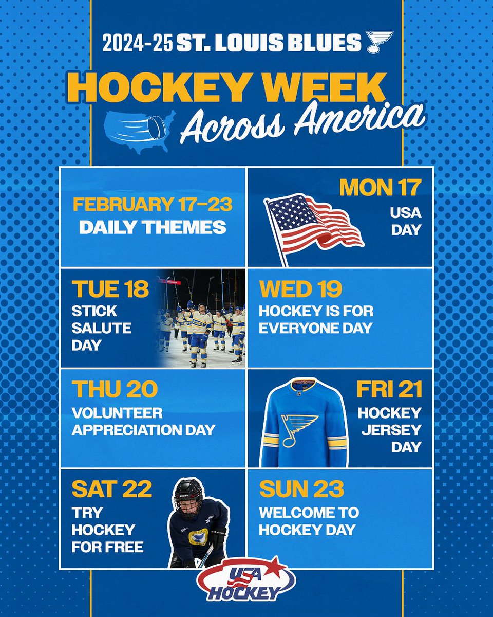 STLBLUESYH's tweet image. 🏒Hockey Week Across America is here, and we’re celebrating all week long! 🎉 Check out the daily themes and join the fun! Get involved, share your hockey moments, and help us grow the game! 🥅 

#HockeyWeekAcrossAmerica #HWAA #GrowTheGame