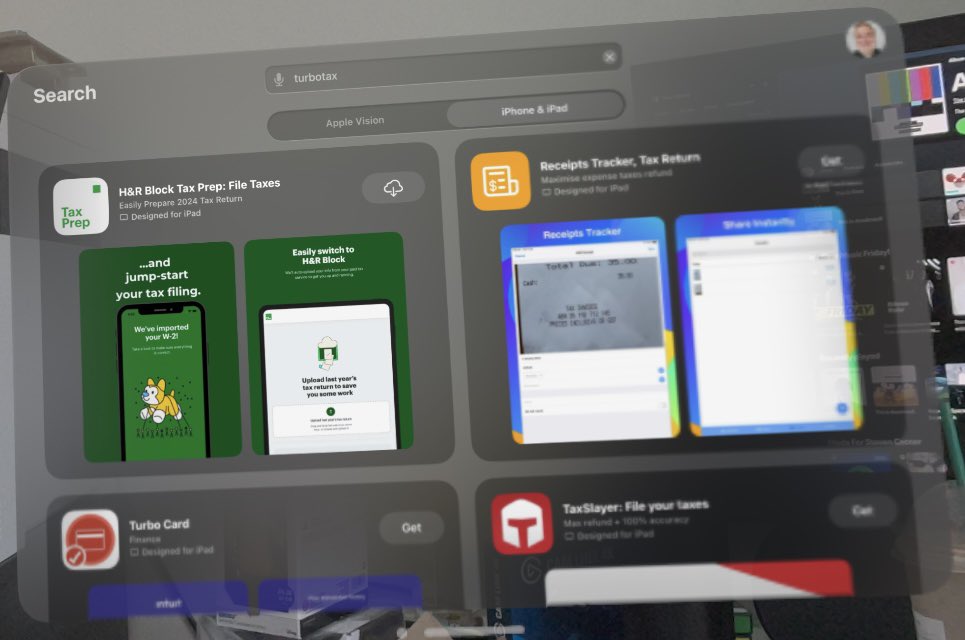 CacsTech's tweet image. Hey @turbotax/@TeamTurboTax! If I don’t file with you this year, it’s because I really wanted to file on my #AppleVisionPro. It appears you disabled installs of your app on that device! Glad to see others like @HRBlock and @TaxSlayer allow me to file no matter what device I use!