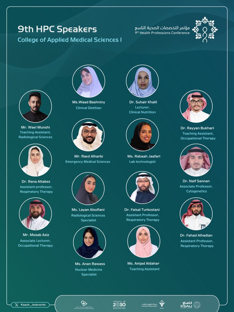 Ksauh_Jedevents's tweet photo. متحدثين كلية العلوم الطبية التطبيقية للبرنامج العلمي.

#مؤتمر_التخصصات_الصحية_التاسع

#9thHPC https://t.co/tjhbTHWIxL