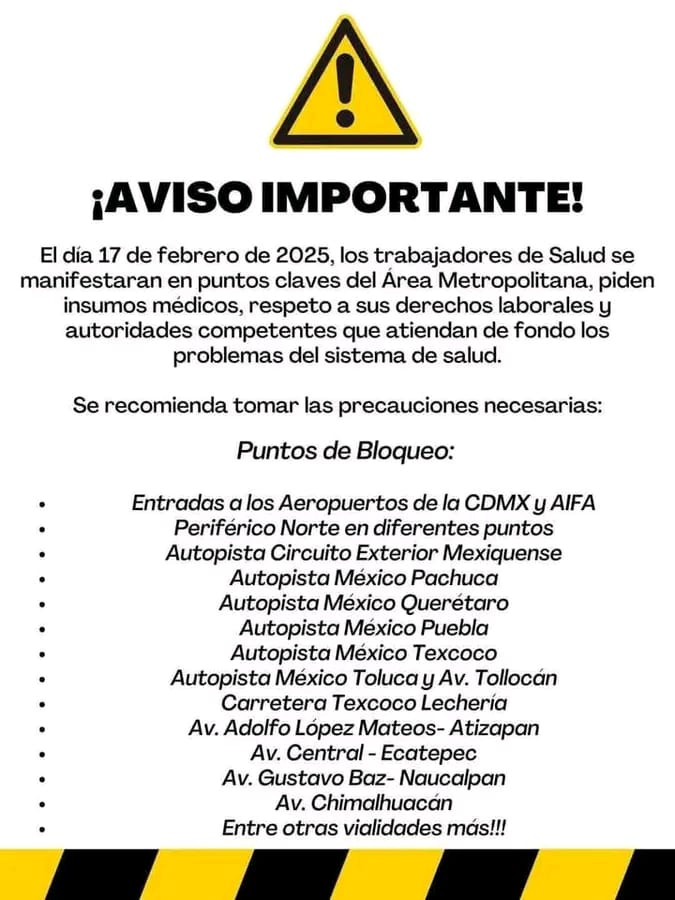 ⚠️ Este lunes 17 de febrero, trabajadores de la salud realizarán bloqueos en #Naucalpan y otras zonas del #Edomex en protesta por la falta de insumos y condiciones laborales precarias. Se prevé un caos vial en vialidades clave desde las 08:00 horas.
soynaucalpan.com/anuncian-bloqu…