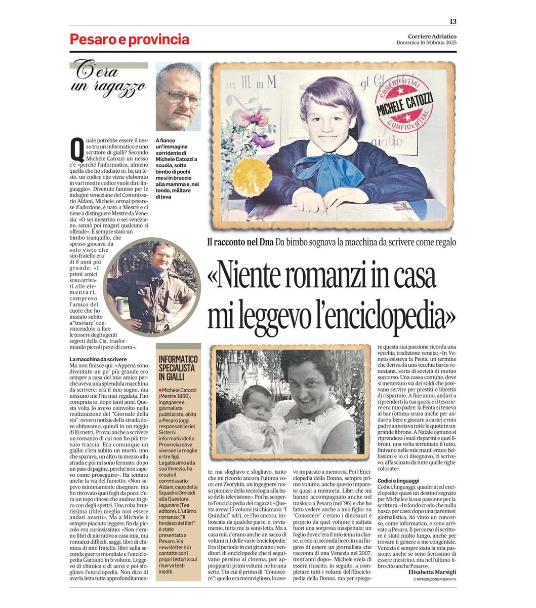 Alle radici della scrittura: note a margine a un’intervista amarcord sul Corriere Adriatico di oggi a firma Elisabetta Marsigli. Se volete leggere più agevolmente l'intervista, trovate l'alta risoluzione sul mio sito:
michelecatozzi.it/2025/02/16/all…
#venezia #pesaro #ilfondacodeilibri