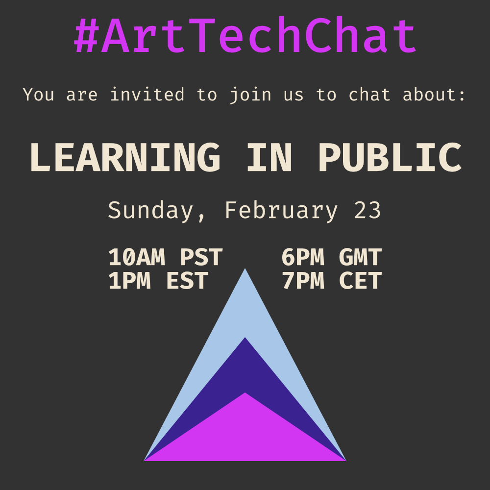 ArtTechChat's tweet image. Thanks, pals! That&apos;s it for today.

Next week&apos;s topic is: Learning in Public

Follow #ArtTechChat and #ArtTechChatDaily for more during the week.