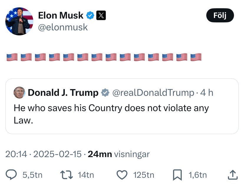 Här är det enkla testet på om du tycker att demokrati är bra eller dåligt. Tänker du att Trump och Musk helt eller delvis har rätt här? 

Svarar du något annat än nej, om du ens snuddar vid förklaringar om att kanske ur en viss synvinkel, så är du mot demokrati och för diktatur.