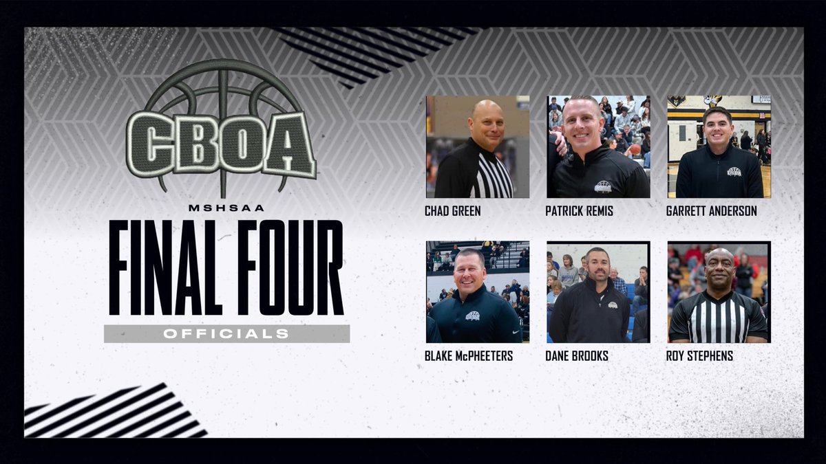 CBOA_Ref's tweet photo. Congratulations to the following officials from the CBOA who were selected to officiate the MSHSAA Final Four this year at Mizzou Arena!!! @MSHSAAOrg 

Chad Green
@patrickremis 
@ganderson1397 
@BlakeMcTweeters 
@SalCoach_Brooks 
Roy Stephens https://t.co/OXI9tpXu1S