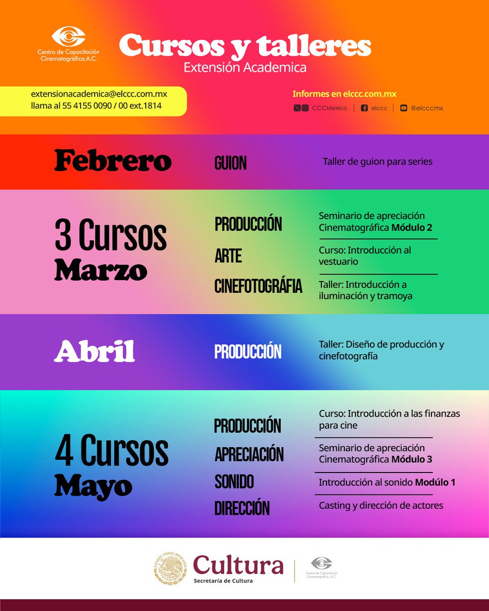 CCCMexico's tweet photo. Cursos y Talleres #EnElCCC
FEBRERO
📅Sábados, Domingos / 🛜 #EnLínea
- Producción: Proyectos de Corto 👩🏻💻
4 sesiones! #CursoExpress
MARZO
📅Sabatinos / 📍Presenciales
- Vestuario 🩳
- Iluminación 💡
ABRIL
📍Presencial
- Seminario de apreciación cinematográfica 📽
Detalles👇🏾 https://t.co/ji2Zeckz8i