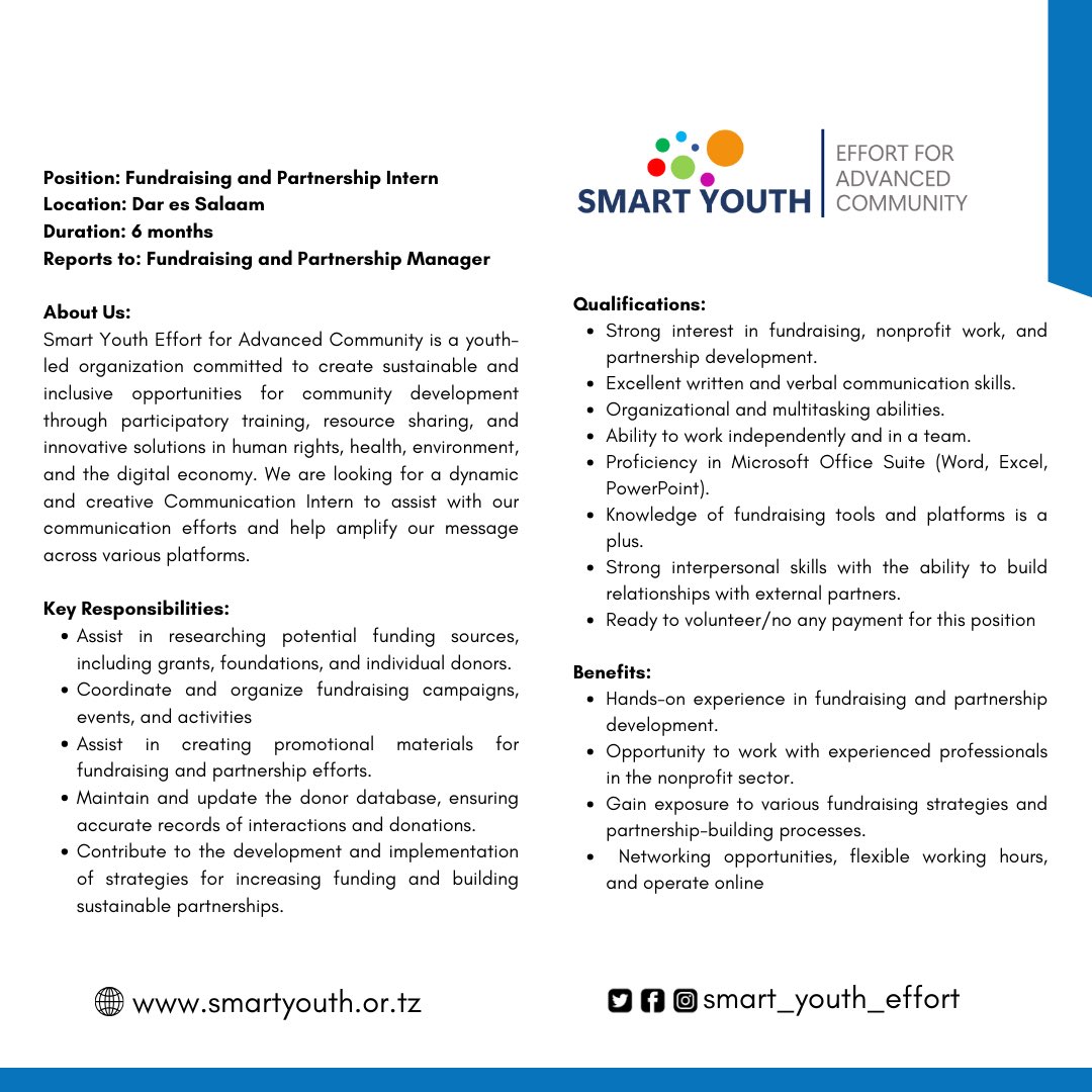 Are you looking for internship opportunities? Join <a href="/Smart_YouthTz/">Smart Youth</a> and share your experts 
1. forms.gle/seAjsTb1MwXceH… (Partnership and Fundraising Intern)
