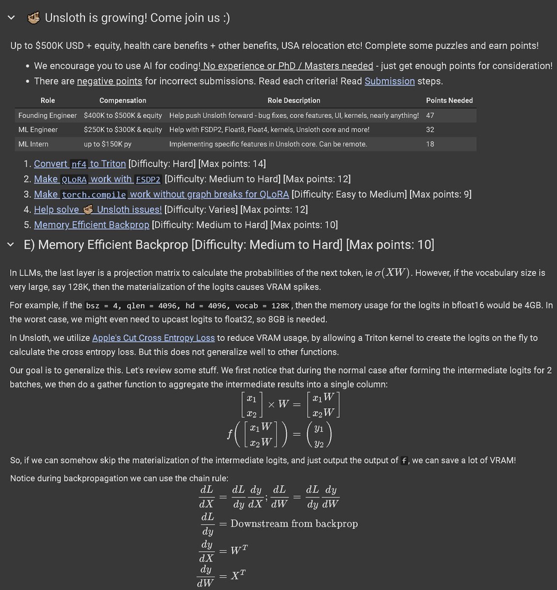 Daniel Han (@danielhanchen) on Twitter photo We made 5 challenges and if you score 47 points we'll offer you $500K/year + equity to join us at 🦥<a href="/UnslothAI/">Unsloth AI</a>!
No experience or PhD needed.
$400K - $500K/yr: Founding Engineer (47 points)
$250K - $300K/yr: ML Engineer (32 points)
Challenges:
1. Convert nf4 / BnB 4bit to We made 5 challenges and if you score 47 points we'll offer you $500K/year + equity to join us at 🦥<a href="/UnslothAI/">Unsloth AI</a>!
No experience or PhD needed.
$400K - $500K/yr: Founding Engineer (47 points)
$250K - $300K/yr: ML Engineer (32 points)
Challenges:
1. Convert nf4 / BnB 4bit to