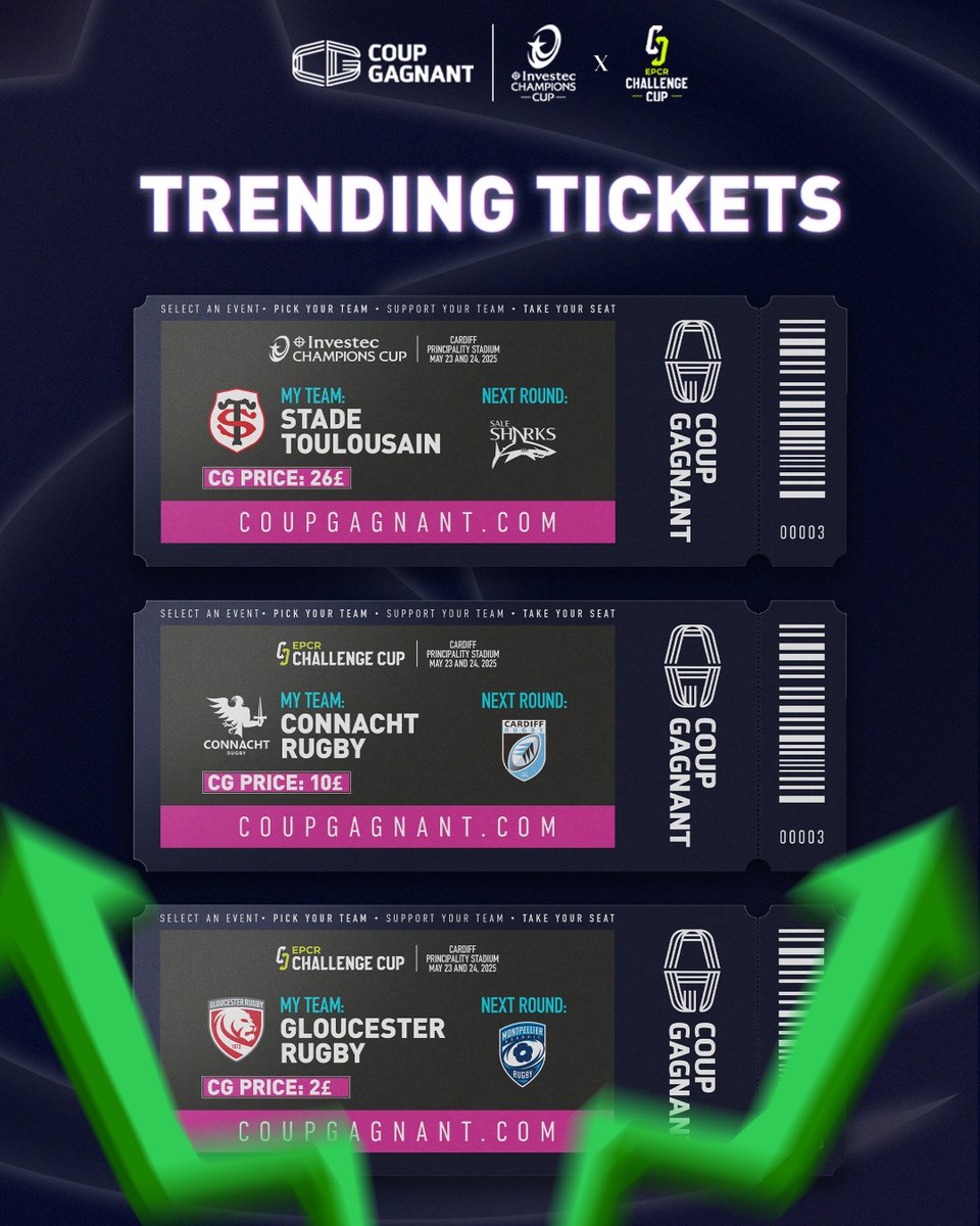 🎟 Select. Support. Celebrate. 🥳

The most in-demand tickets, the ultimate fan experience—secure your <a href="/ChampionsCup/">Investec Champions Cup</a> &amp; <a href="/ChallengeCup_/">EPCR Challenge Cup</a> final seat today!

🏉 Be part of something special &amp; don't miss your chance to join the crowd. 🏉

CG tickets -> coupgagnant.com