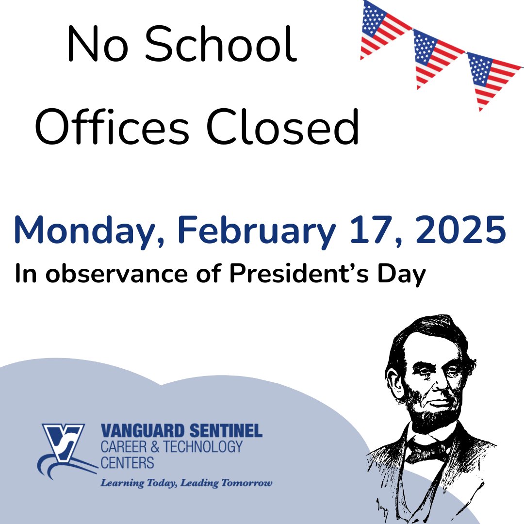 VSCTC's tweet photo. Reminder: There will be no school and offices will be closed tomorrow, Monday, February 17, 2025 in honor of President's Day. 
Enjoy your long weekend! https://t.co/I85OGzYu8l