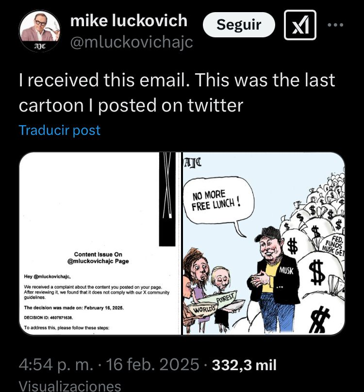 La musaka de melón empieza a empachar. Mike Luckovich expulsado de twitter. (vía <a href="/Tyrexito/">Mauro Entrialgo</a>)